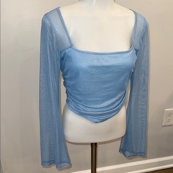 WEAREVER Medium Blue Sheer Long Bell Sleeve Top y2k - Picture 1 of 9